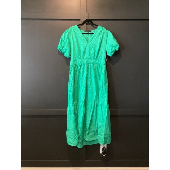 French Connection Poplin Puff Sleeve V Neck Tiered Fit and Flare Maxi Dress XL - Picture 7 of 9